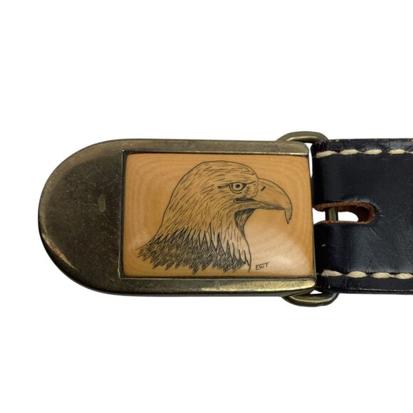 Justin Tooled Black Leather Belt Eagle Buckle Solid Brass Mens 28 Made In USA NW - Picture 1 of 9